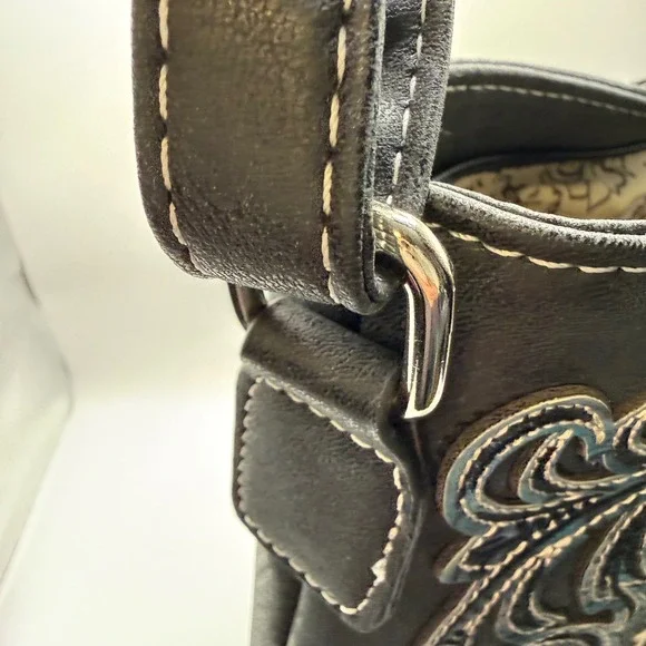 Western Embroidered Crossbody Bucket Bag Black Teal Floral Studded Concho Boho - Picture 11 of 14